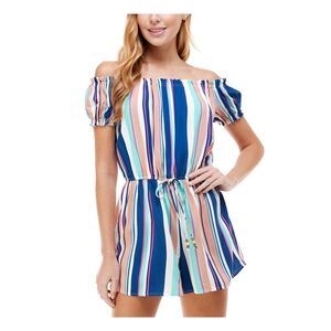 BEBOP Womens Blue Stretch Ruffled Tie Off Shoulder Shorts Romper XXS